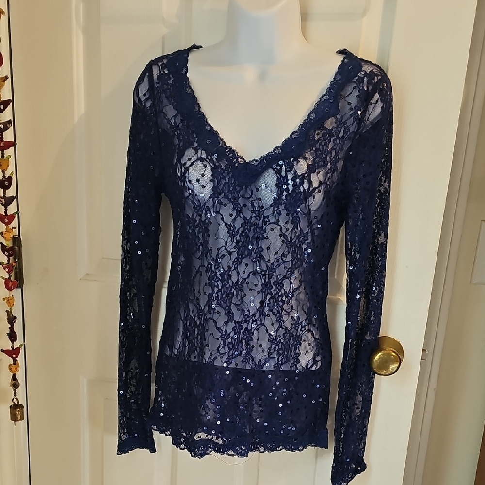 Moda International Royal Blue Sparkly Lace Top With Sequins S